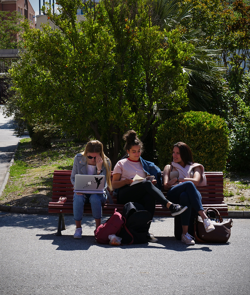 Tres estudiantes leyendo apuntes sentadas en un banco en el exterior de la Facultad de Ciencias del Deporte